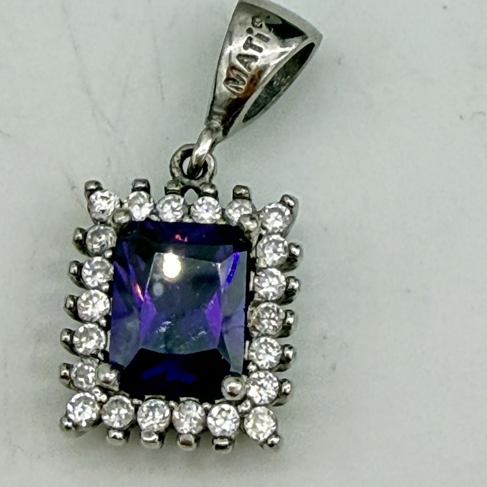 Vtg Mati‎ Sterling Silver Pendant Purple Stone Emerald Cut Greece Designer